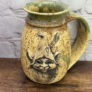 Unique Elfstone Pottery Cup Vase Elf Gnome in Relief w Glaze Eyes Studio Pottery